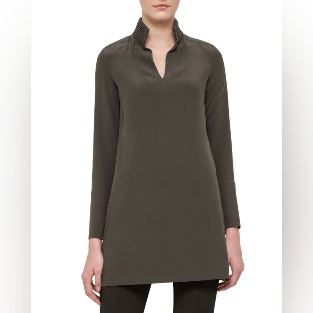 NWT Akris Leather-Trim Silk Shantung Tunic, Turtle